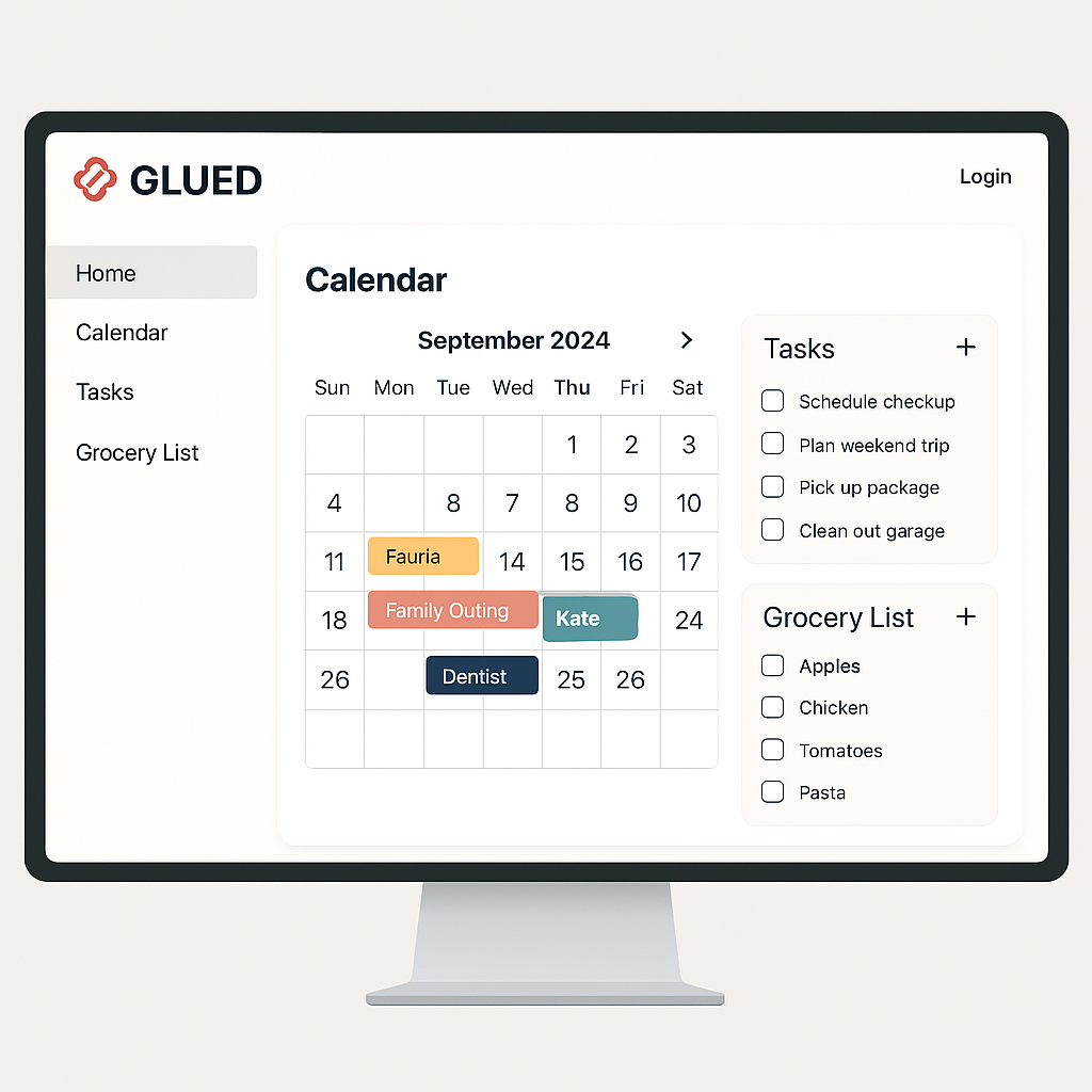 GLUED Calendar view showing family events, tasks, and grocery list.